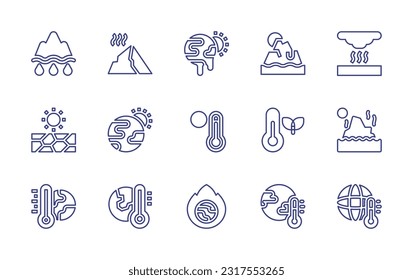 Global warming line icon set. Editable stroke. Vector illustration. Containing melting, iceberg, global warming, greenhouse effect, drought, temperature, thermometer, glacier.