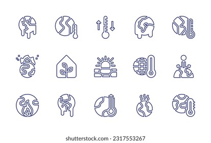 Global warming line icon set. Editable stroke. Vector illustration. Containing global warming, earth, temperature, melting, greenhouse, drought, thermometer, greenhouse effect.