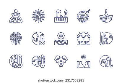 Global warming line icon set. Editable stroke. Vector illustration. Containing greenhouse effect, sun, greenhouse gas, climate change, global warming, drought, wildfire, global, extreme weather.