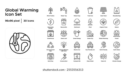 Global Warming Line Icon Set: Climate Change, Greenhouse Emissions, and Environmental Impact Icons