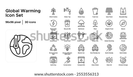 Global Warming Line Icon Set: Climate Change, Greenhouse Emissions, and Environmental Impact Icons