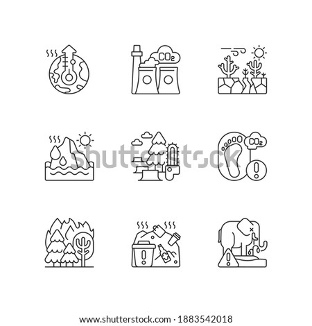 Global warming linear icons set. Green gas emission. Killing huge animal and plants ecosystems. Customizable thin line contour symbols. Isolated vector outline illustrations. Editable stroke