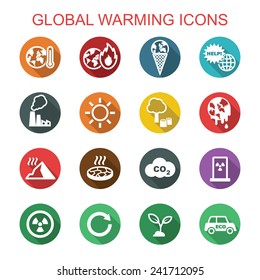 global warming long shadow icons, flat vector symbols