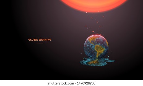 Global warming low poly banner template. 3d polygonal melting earth planet. Ecological problem concept with connected dots and lines. Environmental disaster vector color wireframe mesh illustration