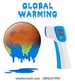 Global warming with melting world showing global warming. Global warming.  Climate change. Clay snowman. Time to stop global warming. Flat design thermometer. 