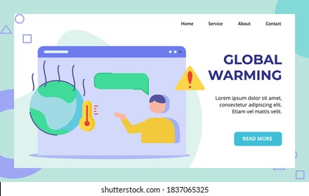 Global warming men talk earth thermometer on display computer screen campaign for web website home homepage landing page template banner with flat style