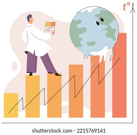 Global warming metaphor concept. Scientist studies problem of rising temperatures on planet Earth. Makes analysis of ecology and environment. Scientific research on climate change, environmental tests