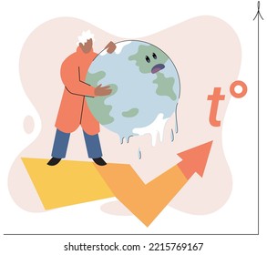 Global Warming Metaphor Concept. Scientist Studies Problem Of Rising Temperatures On Planet Earth. Makes Analysis Of Ecology And Environment. Scientific Research On Climate Change, Environmental Tests