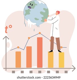 Global warming metaphor concept. Scientist studies problem of rising temperatures on planet Earth. Makes analysis of ecology and environment. Scientific research on climate change, environmental tests
