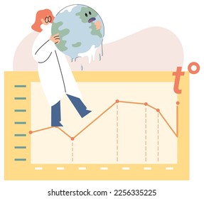 Global warming metaphor concept. Scientist studies problem of rising temperatures on planet Earth. Makes analysis of ecology and environment. Scientific research on climate change, environmental tests