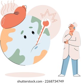 Global warming metaphor concept. Scientist studies problem of rising temperatures on planet Earth. Makes analysis of ecology and environment. Scientific research on climate change, environmental tests