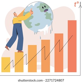 Global warming metaphor concept. Scientist studies problem of rising temperatures on planet Earth. Makes analysis of ecology and environment. Scientific research on climate change, environmental tests