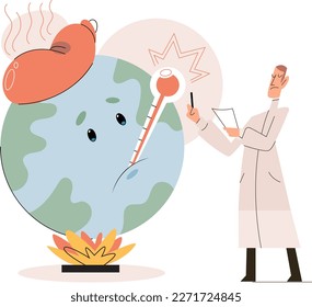 Global warming metaphor concept. Scientist studies problem of rising temperatures on planet Earth. Makes analysis of ecology and environment. Scientific research on climate change, environmental tests
