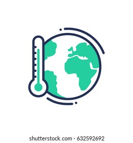 Global warming - modern vector single line icon. An image of a an earth with thermometer, save the planet. Representation of future, concern, warning.