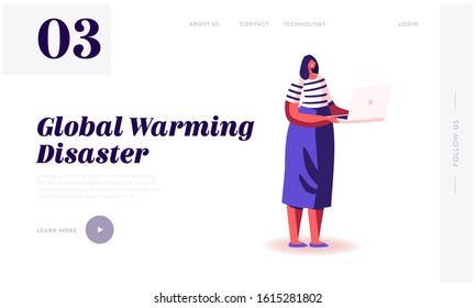 Global Warming and Nature Pollution Problem Website Landing Page. Woman with Laptop Analysing Worldwide Situation and Reading News of Environment Web Page Banner. Cartoon Flat Vector Illustration