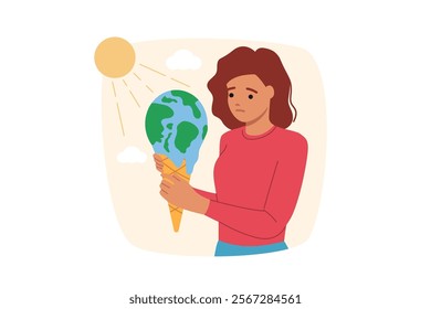 Global warming negatively affects planet earth and melts globe held by sad woman volunteer. Problem of global warming and climate change caused by co2 emissions into air and air pollution