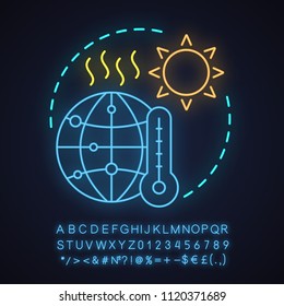 Global warming neon light concept icon. Natural hazard idea. Climate changing. Global problem. Glowing sign with alphabet, numbers and symbols. Vector isolated illustration