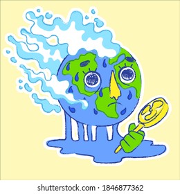 Erderwärmung. Planet schwitzt und verwende den Handventilator. Vektorgrafik. Poster, Druck, Karte. Umweltproblem. Anthropomorphischer Charakterplanet. Treibhauseffekt.
