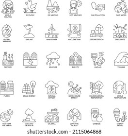 Global warming outline flat vector icon collection set