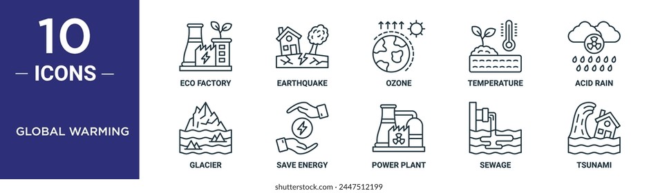 global warming outline icon set includes thin line eco factory, earthquake, ozone, temperature, acid rain, glacier, save energy icons for report, presentation, diagram, web design