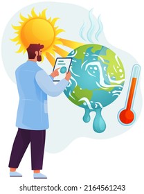 Global Warming, Ozone Layer Concept. Scientist Studies Natural Resource Depletion Problems And Issues. Man Makes Analysis Of Ecology And Environment Of Planet. Scientific Study Of Earth Ozone Layer