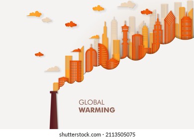 Global Warming Papercut Banner Background. City Landscape On Factory Smoke Environment.