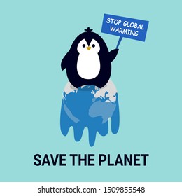 Global warming. Penguin on a melting planet