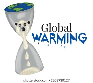 global warming Polar bear melting and crying in hourglass. Earth, hourglass. 