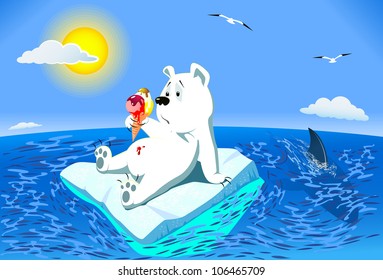 Global Warming. Polar bear on on melting ice in the ocean. The sun shines brightly on the sea calm. Bear upset and surprised looks at the melted ice cream. It lies in wait for the shark