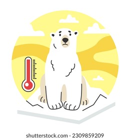 Global warming. Polar bear on melting ice. Iceberg melt. Idea of climate change and danger for ecology. Planet Earth temperature rising due to CO2 emissions. Flat vector illustration