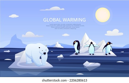 Global warming. Polar bear and penguin. Glaciers melting. Greenhouse effect. North pole. Antarctica and Arctic icebergs. Animals extinction. Cold sea landscape. Vector concept illustration