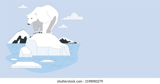 Global warming. Polar bear trapped on melting glaciers. Polar bear walking on ice floe of the pack. Close view. Spitsbergen. Polar bear on the pack ice. vector illustration