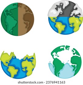 Global Warming and Pollution Effect of Earth Planet Flat Vector Illustration Collection