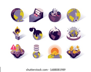 Global warming and pollution isometric icons set. Greenhouse effect, melting glaciers, forest fires and eruption volcano. Ecology problem, industrial air and water pollution 3d vector isometry.