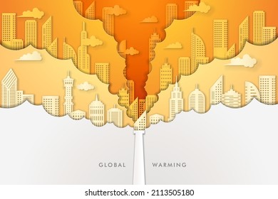 Global Warming Pollution Smoke From Factory. City Landscape In Global Warming Environment. Papercut Style.