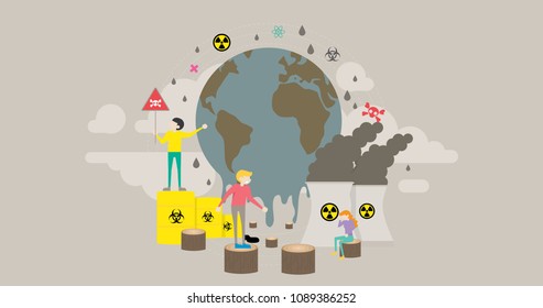 Global Warming Pollution Tiny People Character Concept Vector Illustration, Suitable For Wallpaper, Banner, Background, Card, Book Illustration, Web Landing Page, and Other Related Creative