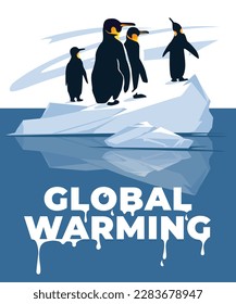 El concepto de afiche sobre el calentamiento global. Pingüinos en un iceberg que se derrite. Ilustración plana del vector