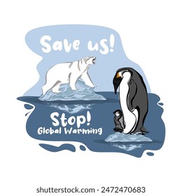 Diseño de afiche de calentamiento global. Catástrofe ecológica. Guardar Animales árticos y árticos. Guardar entorno. Guardar pingüinos y osos polares