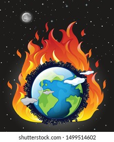 Global warming poster with earth on fire illustration