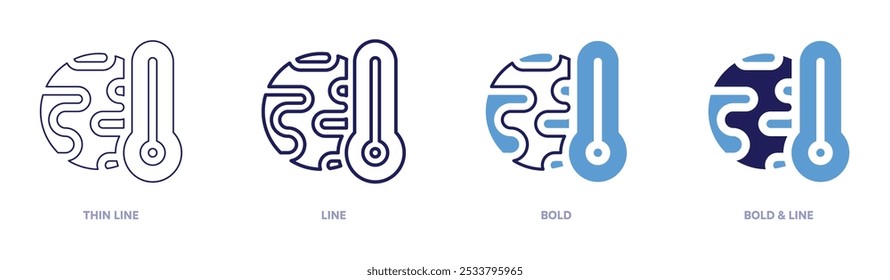 Icono de predicciones del calentamiento global en 4 estilos diferentes. Línea delgada, línea, negrita y línea negrita. Estilo duotono. Trazo editable.
