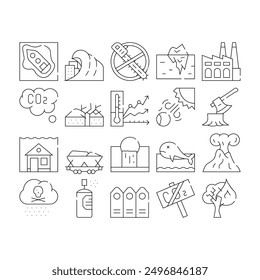 Global Warming Problem Collection Icons Set Vector. Acid Rain And Forest Fires, Glacier Melting And Deforestation, Flood And Drought Warming Black Contour Illustrations