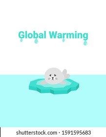 Global warming problem ecology. Sad scared fur seal on ice block, icy cliff or iceberg in the ocean. Flat vector cartoon illustration.
