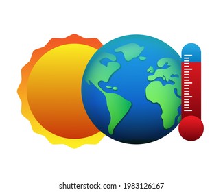 Global warming. Schematic representation of the Earth, sun and thermometer. Vector illustration isolated on white background.