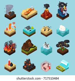 Global warming set of orthogonal isometric icons with climate changes on blue background isolated vector illustration 