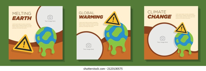 Global warming social media post, square banner set, melting earth danger advertisement concept, climate change marketing ad, modern creative flyer, isolated on background.