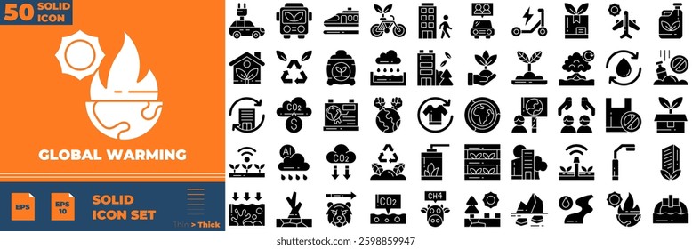 Global Warming Solid Editable Icons set. Vector illustration in modern thin solid style of global warming icons: global warming, greenhouse, melting ice, etc