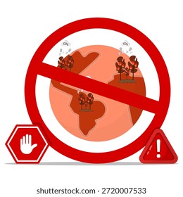 Ilustración de concepto de parada de calentamiento global. Mostrar la tierra con un signo de prohibición, emisiones de CO2, bosques en llamas y símbolos de advertencia, que representan el cambio climático, la contaminación y la acción ambiental urgente.