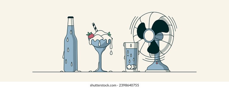 Global warming. Sweat in hot weather concept. Sweating in summer banner. Bottle, ice cream, glass of water, fan. Vector illustration in flat style. Horizontal minimalistic banner. Header for the site.