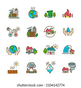 Global warming symptoms and prevention. Water conservation, clean energy and recycling. Natural disasters and heating. Pixel perfect, editable stroke