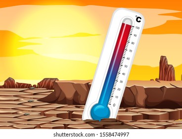 Global warming with thermometer in dry land illustration